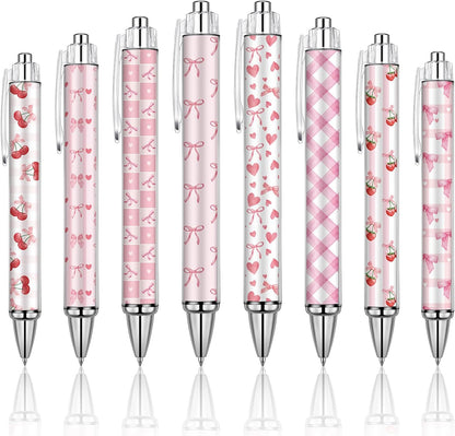 8 Pcs Coquette Pink Cherry Bow Ballpoint Pens Gifts Bulk