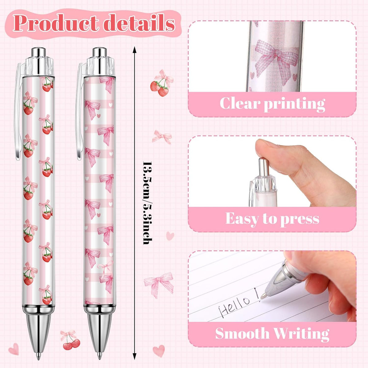 8 Pcs Coquette Pink Cherry Bow Ballpoint Pens Gifts Bulk