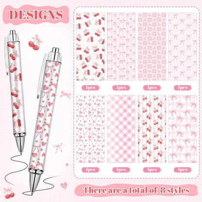 8 Pcs Coquette Pink Cherry Bow Ballpoint Pens Gifts Bulk