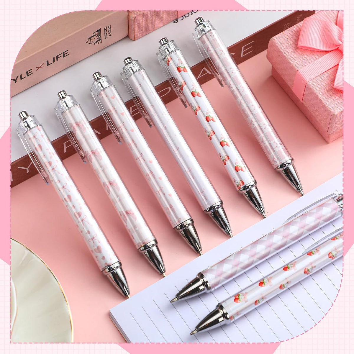 8 Pcs Coquette Pink Cherry Bow Ballpoint Pens Gifts Bulk