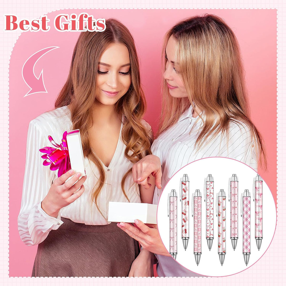 8 Pcs Coquette Pink Cherry Bow Ballpoint Pens Gifts Bulk