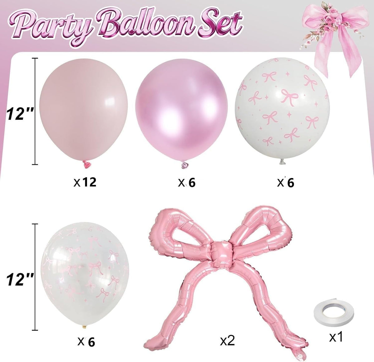 Pink Bow Balloons, 12Inch Pastel Light Pink and Bow Print Balloon