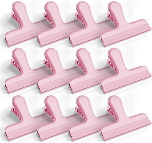 12 Pack Stainless Steel Chip Bag Clips Covered with Silicone - NO More Sharp Edges - Color Coded for Food Bags - Air Tight Seal, Heavy Duty for Kitchen and Office, 3 Inches Wide, Pink