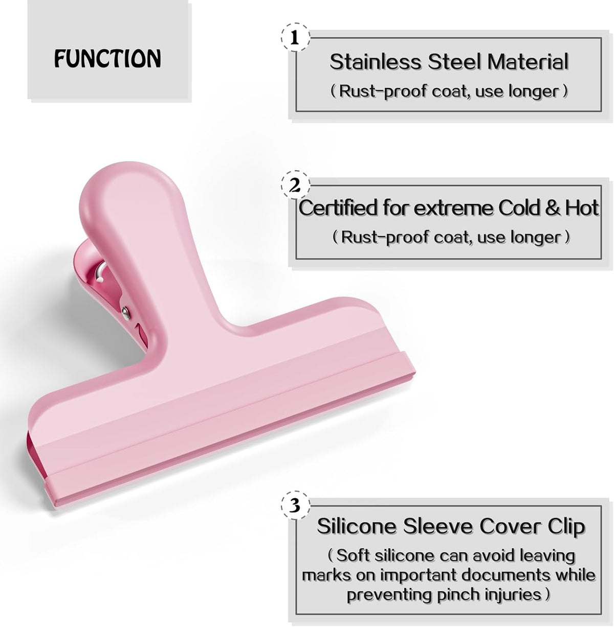 12 Pack Stainless Steel Chip Bag Clips Covered with Silicone - NO More Sharp Edges - Color Coded for Food Bags - Air Tight Seal, Heavy Duty for Kitchen and Office, 3 Inches Wide, Pink