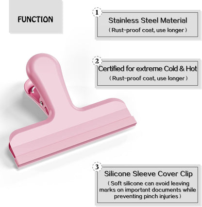 12 Pack Stainless Steel Chip Bag Clips Covered with Silicone - NO More Sharp Edges - Color Coded for Food Bags - Air Tight Seal, Heavy Duty for Kitchen and Office, 3 Inches Wide, Pink