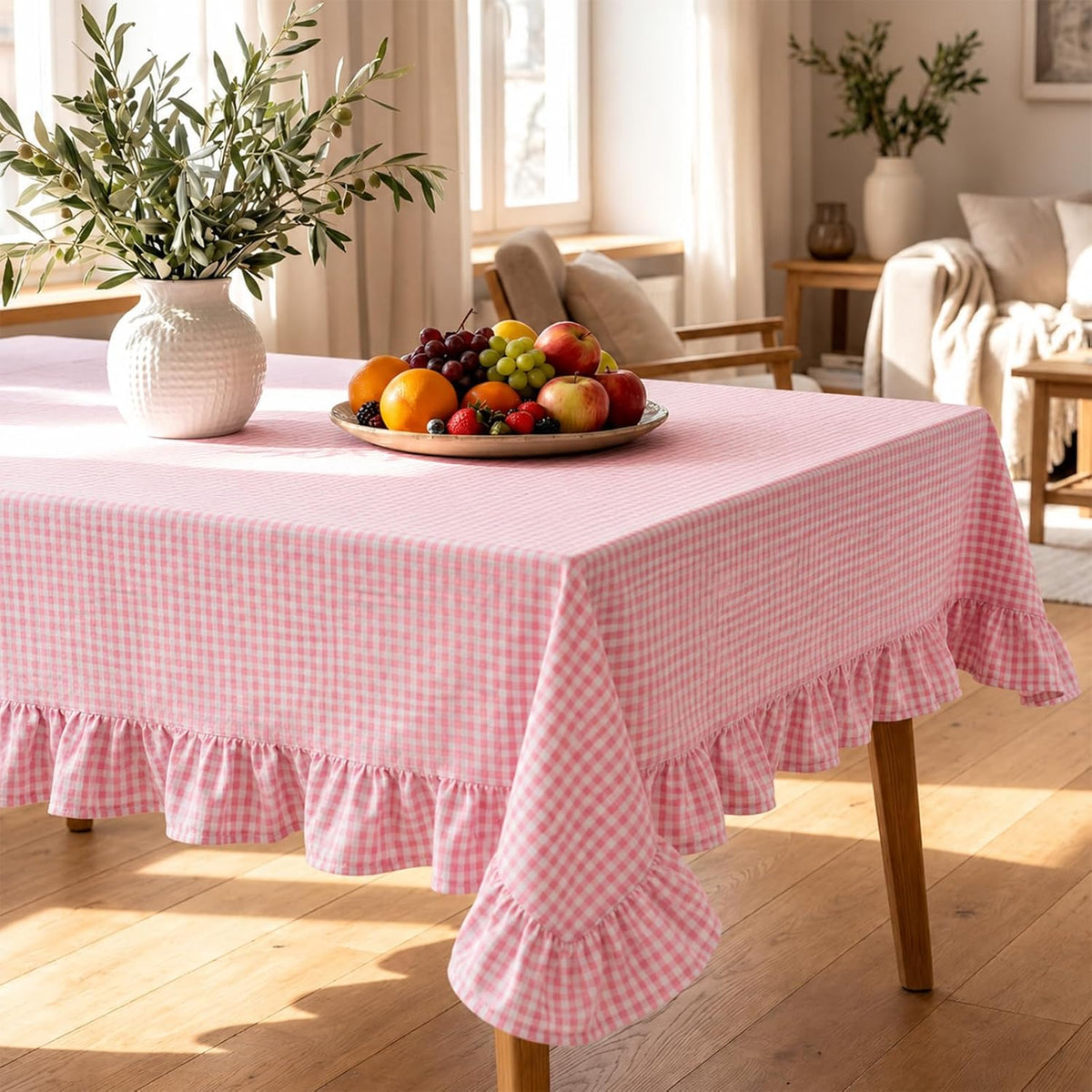 Pink White Gingham Ruffled Tablecloth Rectangle 55" x 70" Farmhouse Cotton Plaid Table Cloth with Short Ruffle, Checker Table Cover for Boho Dining Room Kitchen Picnic Home Party Decoration