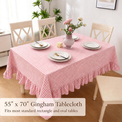 Pink White Gingham Ruffled Tablecloth Rectangle 55" x 70" Farmhouse Cotton Plaid Table Cloth with Short Ruffle, Checker Table Cover for Boho Dining Room Kitchen Picnic Home Party Decoration