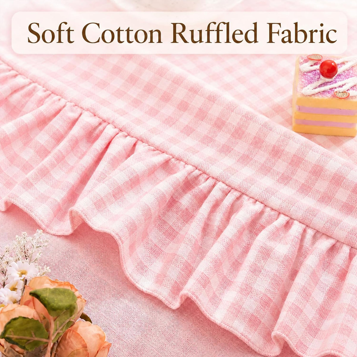 Pink White Gingham Ruffled Tablecloth Rectangle 55" x 70" Farmhouse Cotton Plaid Table Cloth with Short Ruffle, Checker Table Cover for Boho Dining Room Kitchen Picnic Home Party Decoration