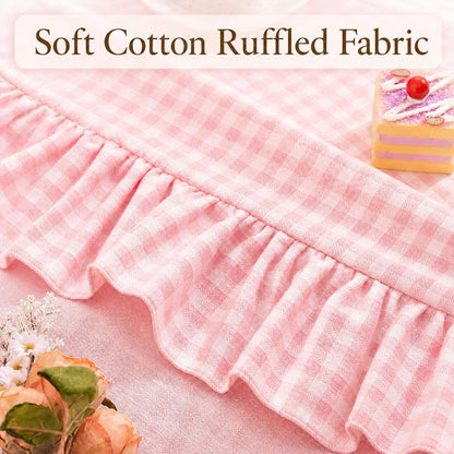Pink White Gingham Ruffled Tablecloth Rectangle 55" x 70" Farmhouse Cotton Plaid Table Cloth with Short Ruffle, Checker Table Cover for Boho Dining Room Kitchen Picnic Home Party Decoration
