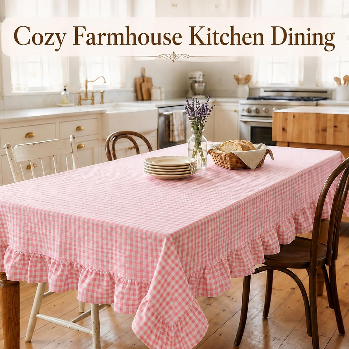 Pink White Gingham Ruffled Tablecloth Rectangle 55" x 70" Farmhouse Cotton Plaid Table Cloth with Short Ruffle, Checker Table Cover for Boho Dining Room Kitchen Picnic Home Party Decoration
