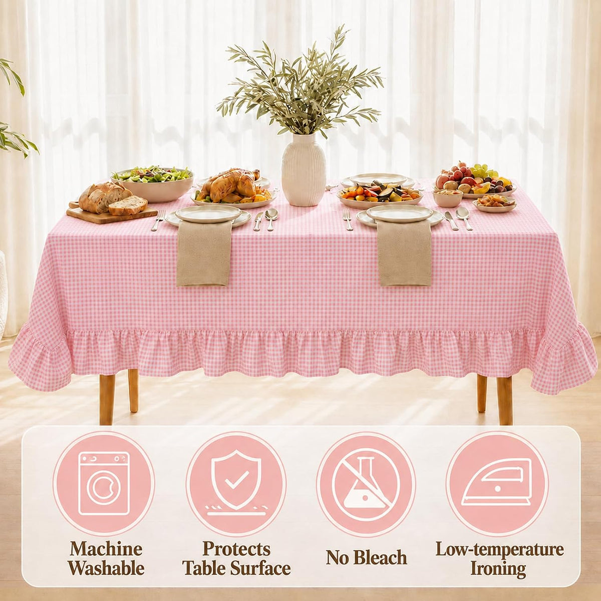 Pink White Gingham Ruffled Tablecloth Rectangle 55" x 70" Farmhouse Cotton Plaid Table Cloth with Short Ruffle, Checker Table Cover for Boho Dining Room Kitchen Picnic Home Party Decoration