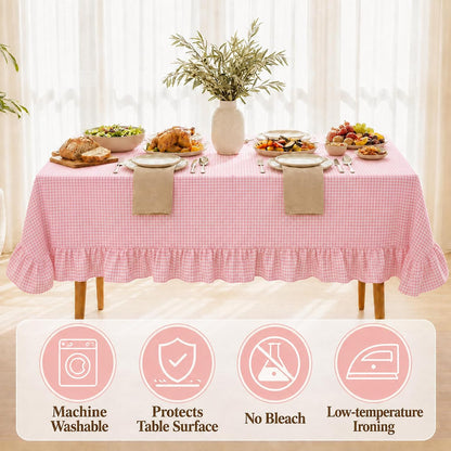 Pink White Gingham Ruffled Tablecloth Rectangle 55" x 70" Farmhouse Cotton Plaid Table Cloth with Short Ruffle, Checker Table Cover for Boho Dining Room Kitchen Picnic Home Party Decoration