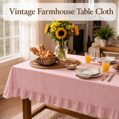 Pink White Gingham Ruffled Tablecloth Rectangle 55" x 70" Farmhouse Cotton Plaid Table Cloth with Short Ruffle, Checker Table Cover for Boho Dining Room Kitchen Picnic Home Party Decoration