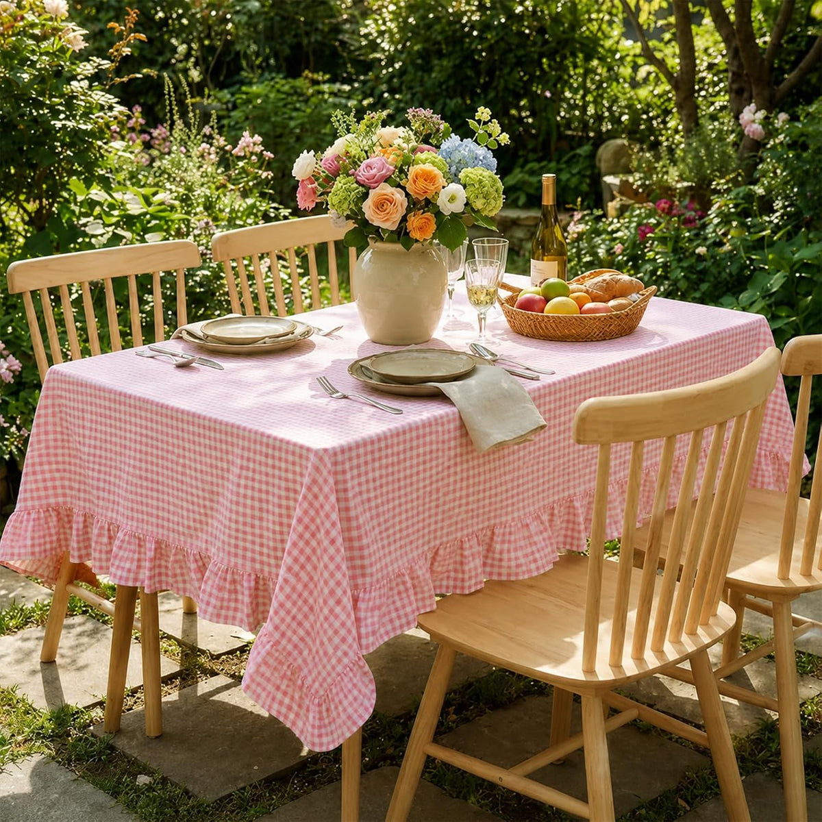 Pink White Gingham Ruffled Tablecloth Rectangle 55" x 70" Farmhouse Cotton Plaid Table Cloth with Short Ruffle, Checker Table Cover for Boho Dining Room Kitchen Picnic Home Party Decoration