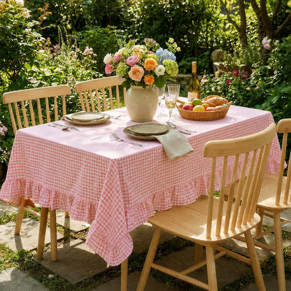 Pink White Gingham Ruffled Tablecloth Rectangle 55" x 70" Farmhouse Cotton Plaid Table Cloth with Short Ruffle, Checker Table Cover for Boho Dining Room Kitchen Picnic Home Party Decoration