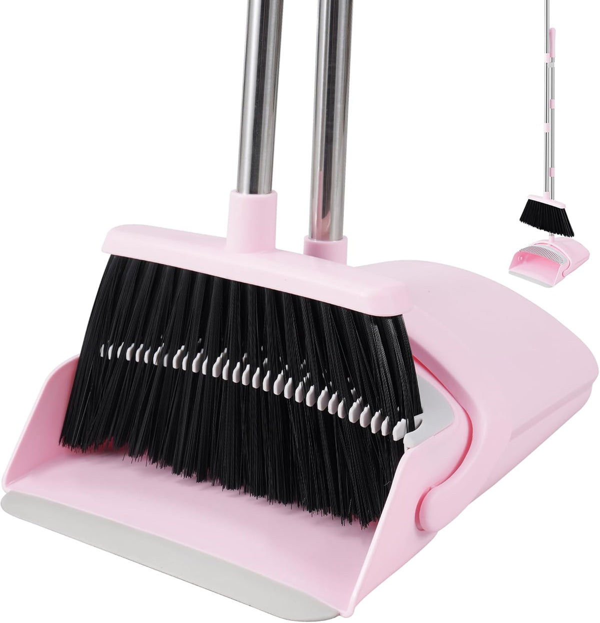 Broom and Dustpan Set for Home, 52” Long Handle Broom with Dustpan Combo Set with Dust Pan Teeth to Clean Hair Sweeping Set for Kitchen Hardwood Floors Pet Hair (Pink)