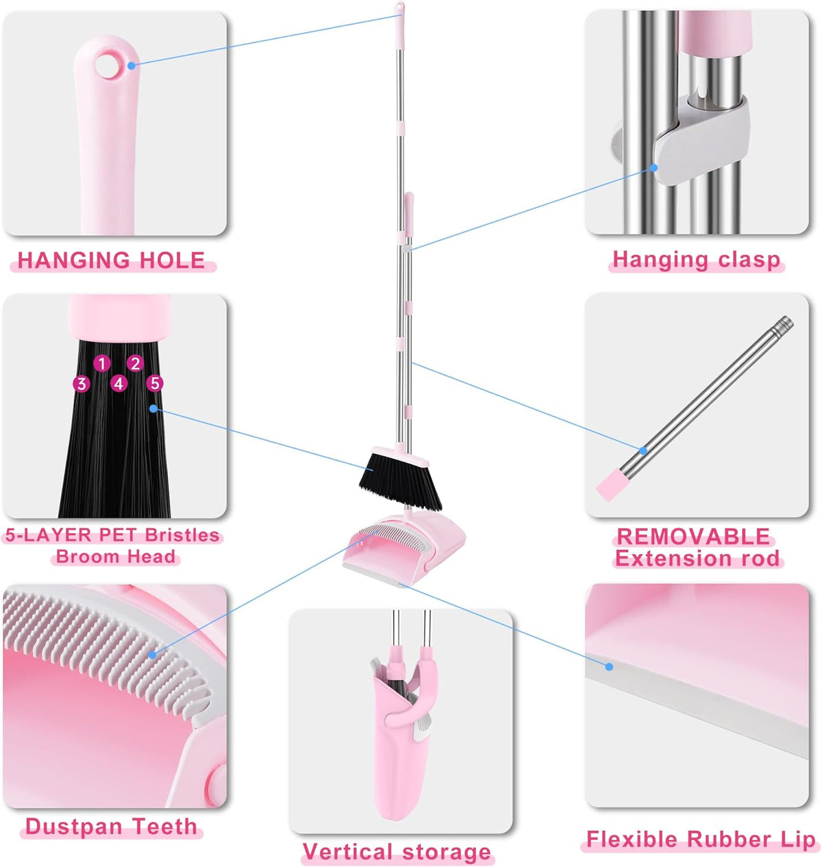 Broom and Dustpan Set for Home, 52” Long Handle Broom with Dustpan Combo Set with Dust Pan Teeth to Clean Hair Sweeping Set for Kitchen Hardwood Floors Pet Hair (Pink)