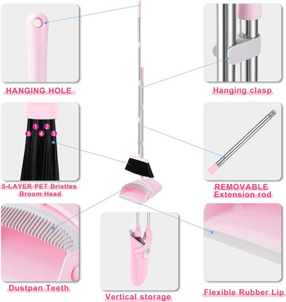 Broom and Dustpan Set for Home, 52” Long Handle Broom with Dustpan Combo Set with Dust Pan Teeth to Clean Hair Sweeping Set for Kitchen Hardwood Floors Pet Hair (Pink)