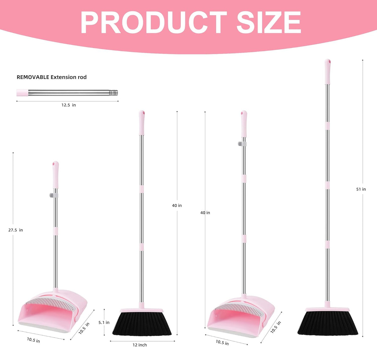 Broom and Dustpan Set for Home, 52” Long Handle Broom with Dustpan Combo Set with Dust Pan Teeth to Clean Hair Sweeping Set for Kitchen Hardwood Floors Pet Hair (Pink)