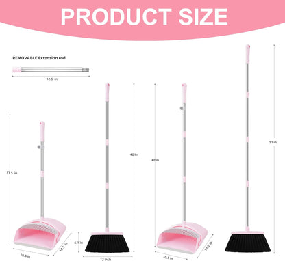 Broom and Dustpan Set for Home, 52” Long Handle Broom with Dustpan Combo Set with Dust Pan Teeth to Clean Hair Sweeping Set for Kitchen Hardwood Floors Pet Hair (Pink)