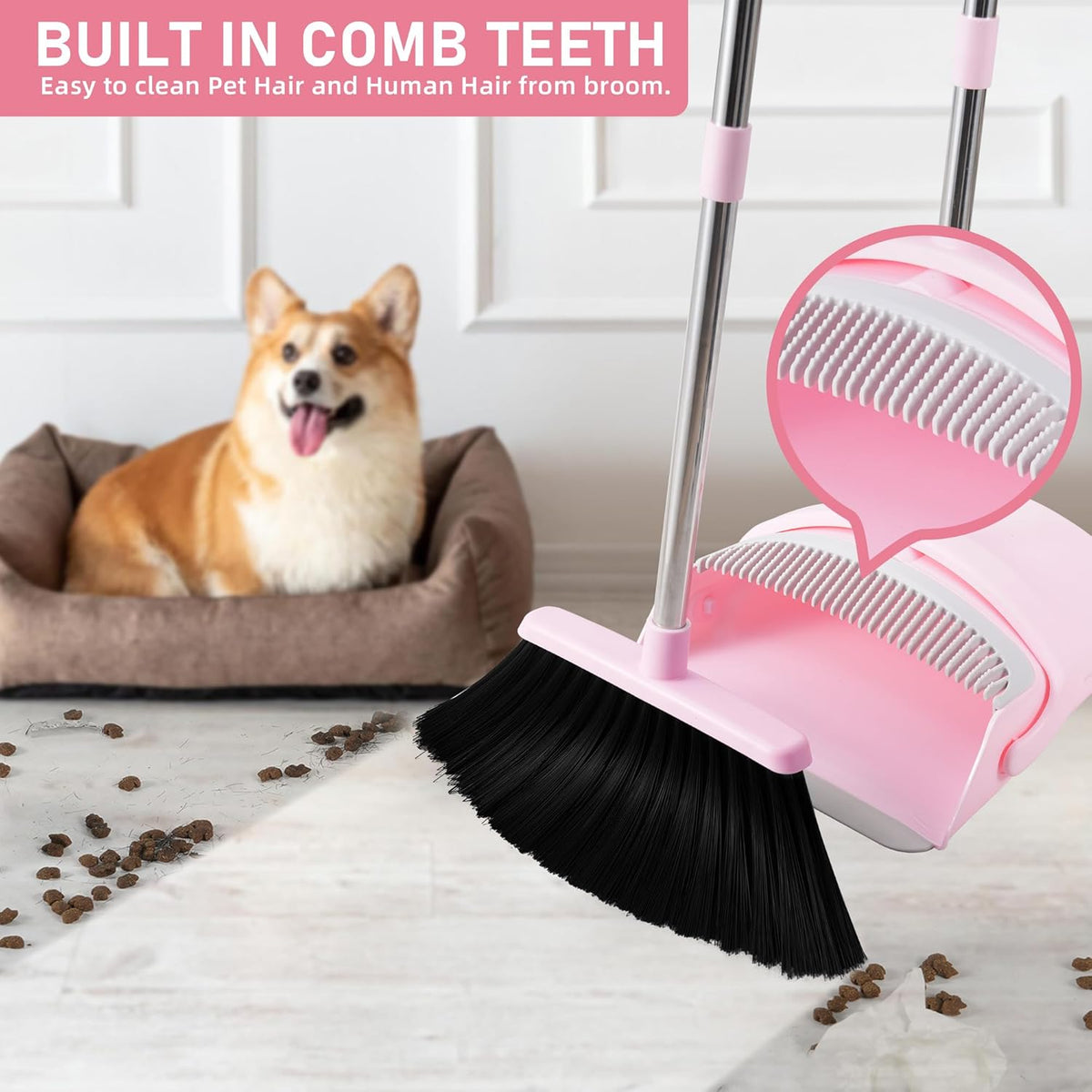 Broom and Dustpan Set for Home, 52” Long Handle Broom with Dustpan Combo Set with Dust Pan Teeth to Clean Hair Sweeping Set for Kitchen Hardwood Floors Pet Hair (Pink)