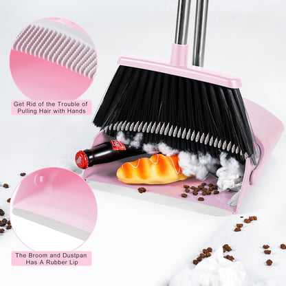 Broom and Dustpan Set for Home, 52” Long Handle Broom with Dustpan Combo Set with Dust Pan Teeth to Clean Hair Sweeping Set for Kitchen Hardwood Floors Pet Hair (Pink)