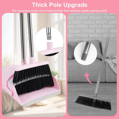 Broom and Dustpan Set for Home, 52” Long Handle Broom with Dustpan Combo Set with Dust Pan Teeth to Clean Hair Sweeping Set for Kitchen Hardwood Floors Pet Hair (Pink)