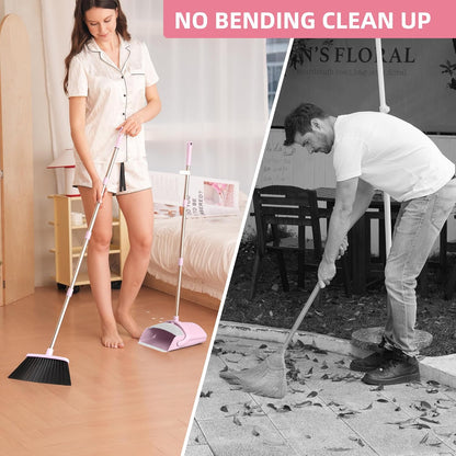 Broom and Dustpan Set for Home, 52” Long Handle Broom with Dustpan Combo Set with Dust Pan Teeth to Clean Hair Sweeping Set for Kitchen Hardwood Floors Pet Hair (Pink)