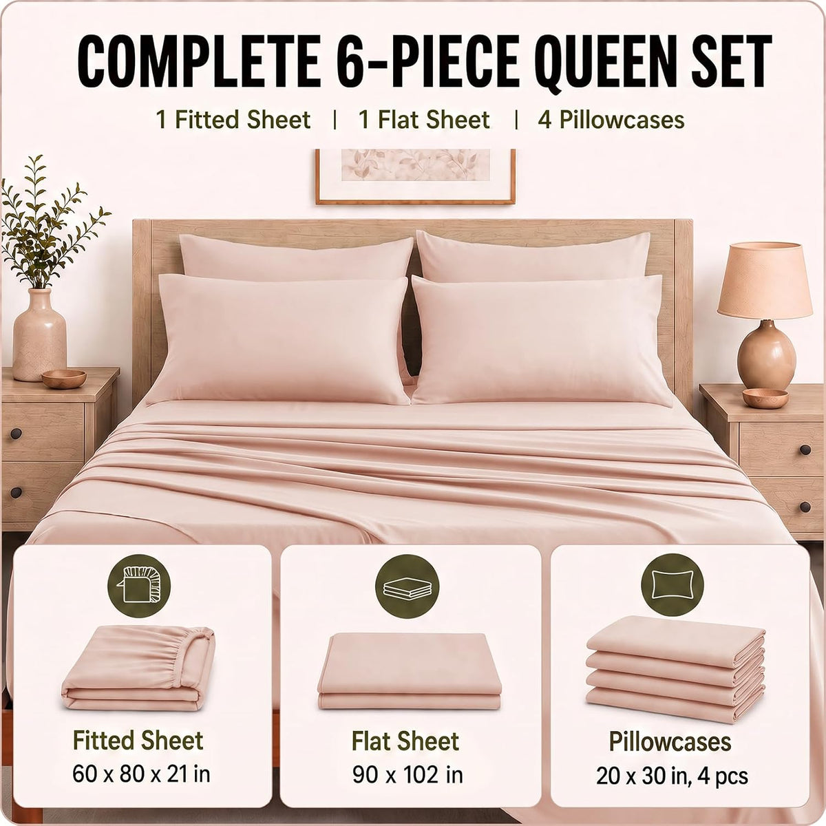 6-Piece Queen Sheet Set, Fits 18-21 Inch Mattresses, Oeko-TEX