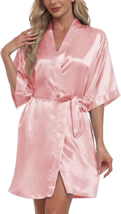 Women's Short Robe Satin Bridesmaid Bride Bathrobe Kimono Sleepwear
