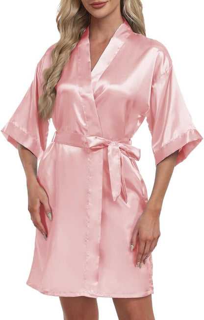 Women's Short Robe Satin Bridesmaid Bride Bathrobe Kimono Sleepwear