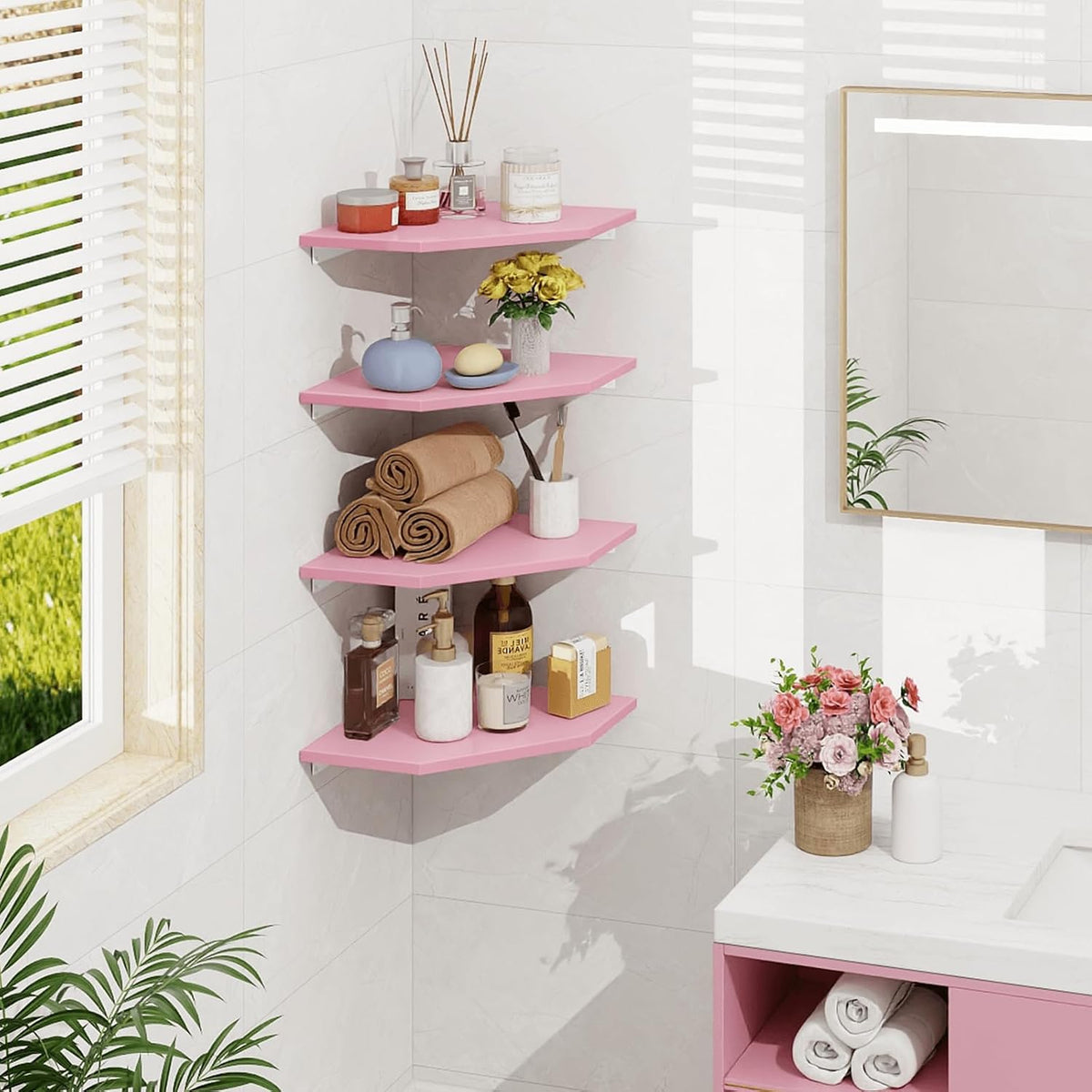 Corner Shelf Wall Mount, Set of 4 Corner Floating Shelves, Wood Hanging Storage Shelving with Cord Hole, Wall Shelf Organizer for Bathroom Bedroom Living Room Office, Pink