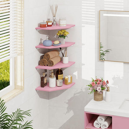 Corner Shelf Wall Mount, Set of 4 Corner Floating Shelves, Wood Hanging Storage Shelving with Cord Hole, Wall Shelf Organizer for Bathroom Bedroom Living Room Office, Pink