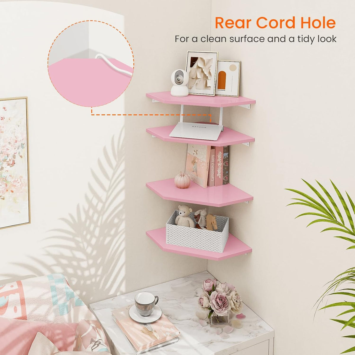 Corner Shelf Wall Mount, Set of 4 Corner Floating Shelves, Wood Hanging Storage Shelving with Cord Hole, Wall Shelf Organizer for Bathroom Bedroom Living Room Office, Pink