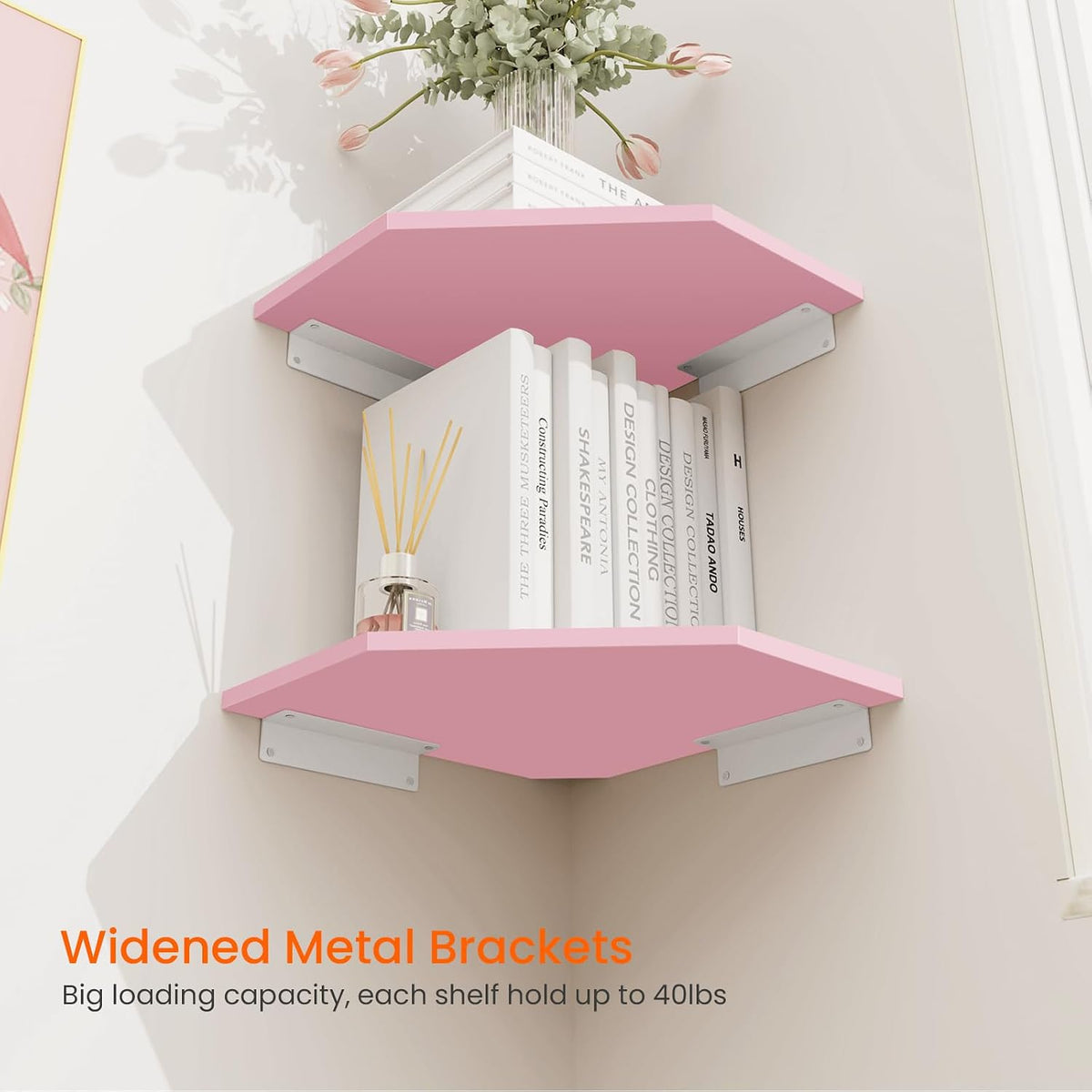 Corner Shelf Wall Mount, Set of 4 Corner Floating Shelves, Wood Hanging Storage Shelving with Cord Hole, Wall Shelf Organizer for Bathroom Bedroom Living Room Office, Pink