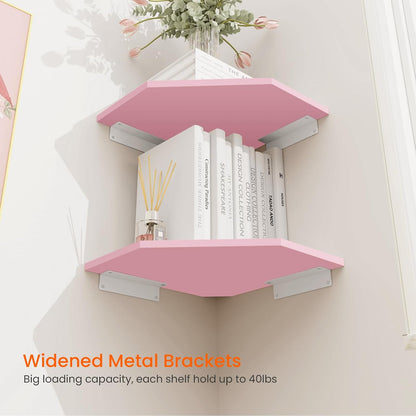 Corner Shelf Wall Mount, Set of 4 Corner Floating Shelves, Wood Hanging Storage Shelving with Cord Hole, Wall Shelf Organizer for Bathroom Bedroom Living Room Office, Pink