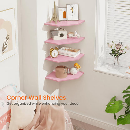 Corner Shelf Wall Mount, Set of 4 Corner Floating Shelves, Wood Hanging Storage Shelving with Cord Hole, Wall Shelf Organizer for Bathroom Bedroom Living Room Office, Pink