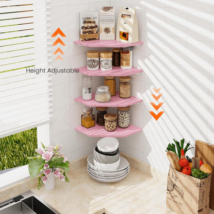 Corner Shelf Wall Mount, Set of 4 Corner Floating Shelves, Wood Hanging Storage Shelving with Cord Hole, Wall Shelf Organizer for Bathroom Bedroom Living Room Office, Pink