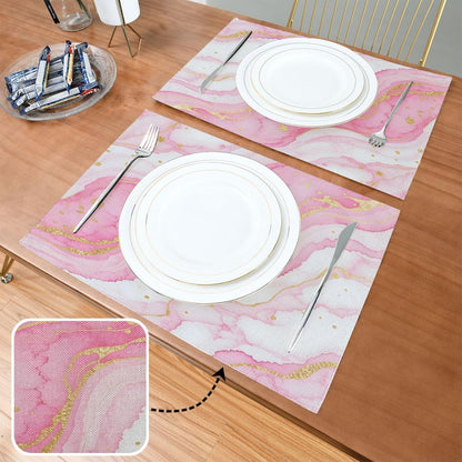 Cloth Placemats Set of 6 for Dining Table, Pink Marble Kitchen Placemats Heat Resistant Place Mats Linen Washable Table Mats, 12x18 in