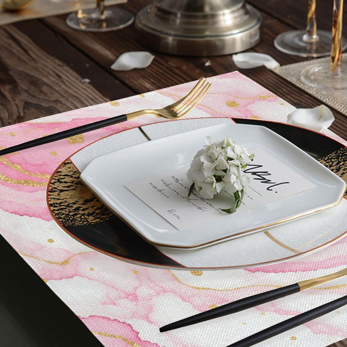 Cloth Placemats Set of 6 for Dining Table, Pink Marble Kitchen Placemats Heat Resistant Place Mats Linen Washable Table Mats, 12x18 in