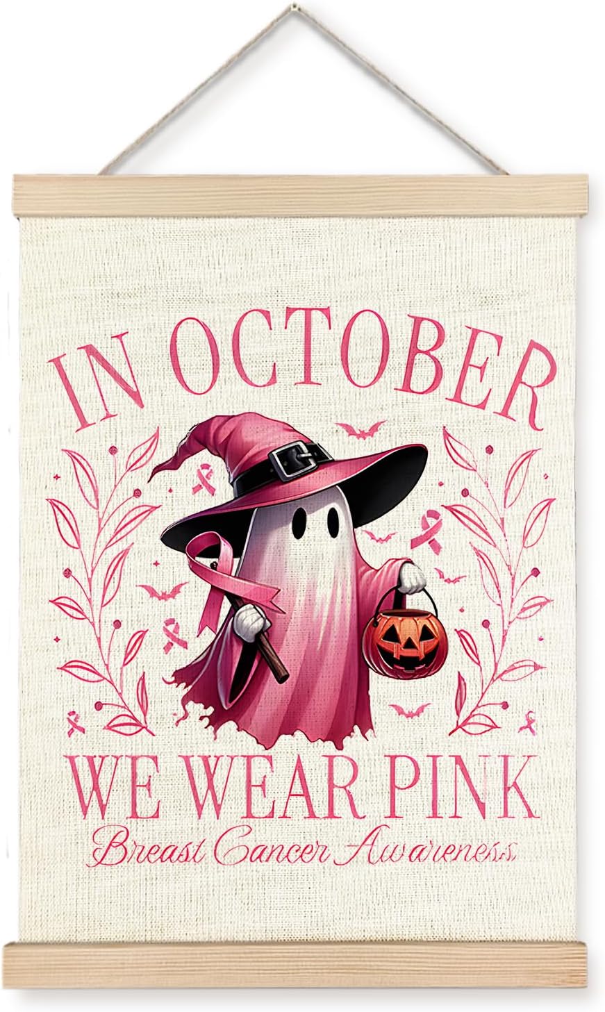 YTRG Breast Cancer Awareness Flag Decoration Gifts, Pink Halloween Ghost Wall Art Decor, Inspirational Gifts Wall Art for Office, Breast Cancer Awareness Banner 12x16 Inch
