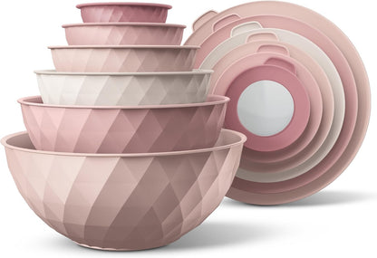 Mixing Bowls with Lids - 12 Piece Plastic Nesting Bowls Set includes 6 Prep Bowls and 6 Lids, Microwave Safe Mixing Bowl Set, Pink Diamond