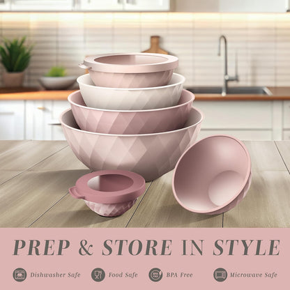 Mixing Bowls with Lids - 12 Piece Plastic Nesting Bowls Set includes 6 Prep Bowls and 6 Lids, Microwave Safe Mixing Bowl Set, Pink Diamond