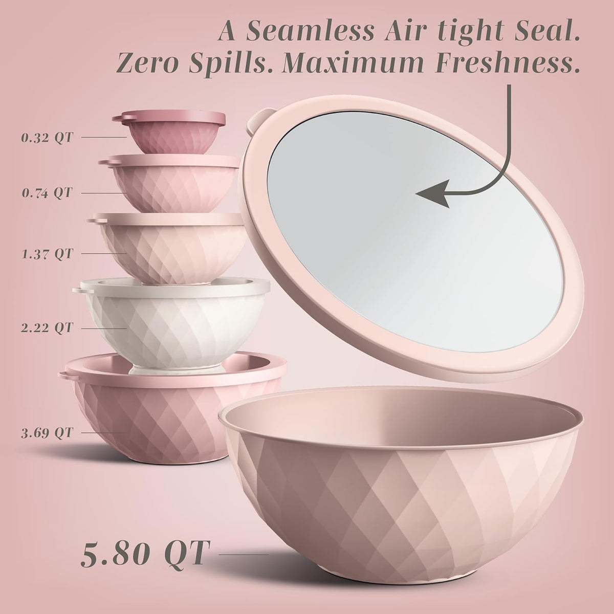 Mixing Bowls with Lids - 12 Piece Plastic Nesting Bowls Set includes 6 Prep Bowls and 6 Lids, Microwave Safe Mixing Bowl Set, Pink Diamond