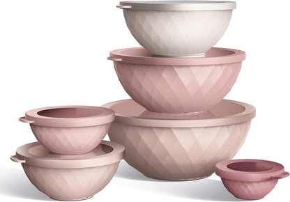 Mixing Bowls with Lids - 12 Piece Plastic Nesting Bowls Set includes 6 Prep Bowls and 6 Lids, Microwave Safe Mixing Bowl Set, Pink Diamond