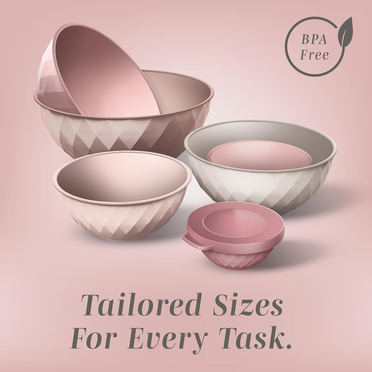 Mixing Bowls with Lids - 12 Piece Plastic Nesting Bowls Set includes 6 Prep Bowls and 6 Lids, Microwave Safe Mixing Bowl Set, Pink Diamond