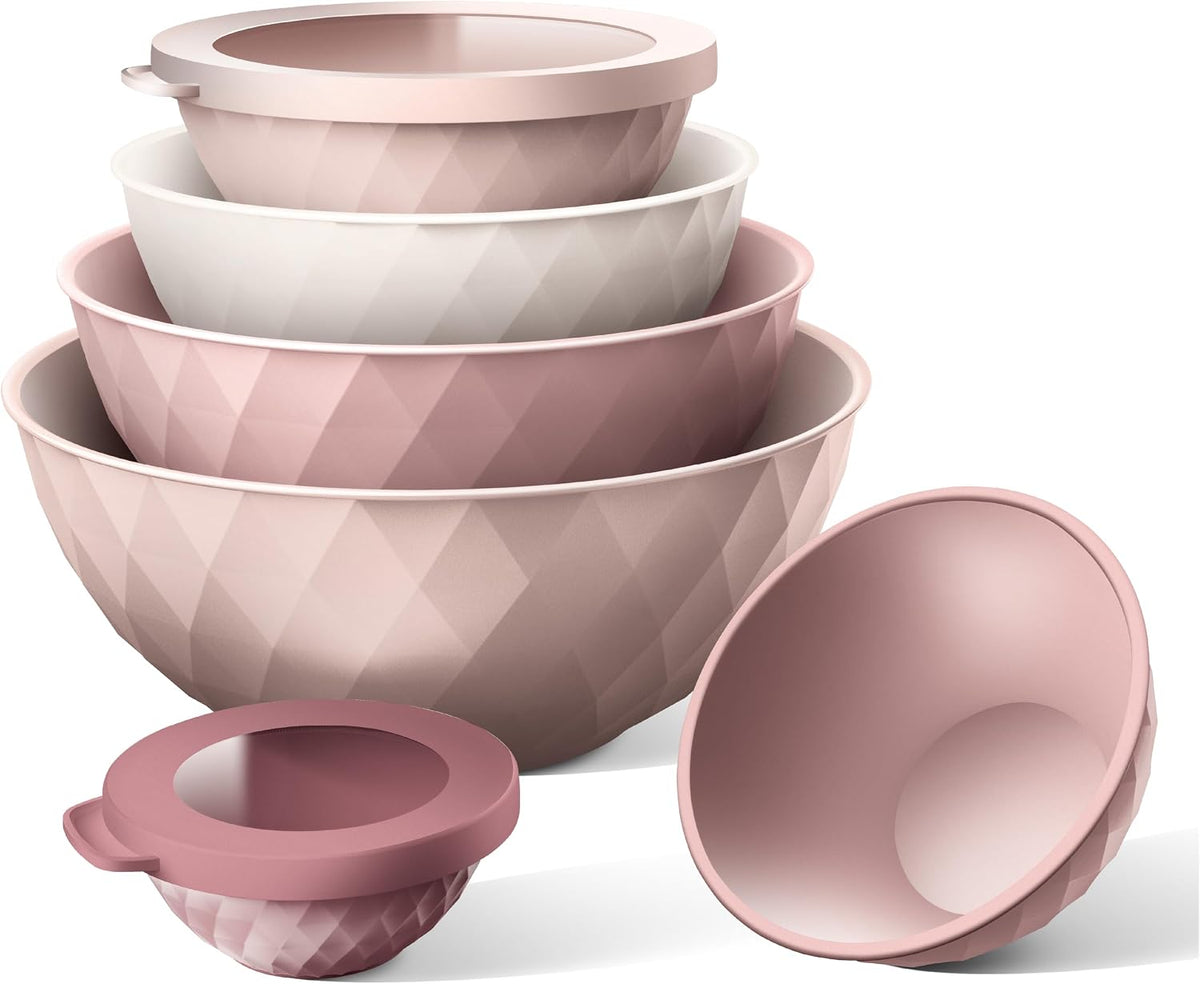 Mixing Bowls with Lids - 12 Piece Plastic Nesting Bowls Set includes 6 Prep Bowls and 6 Lids, Microwave Safe Mixing Bowl Set, Pink Diamond