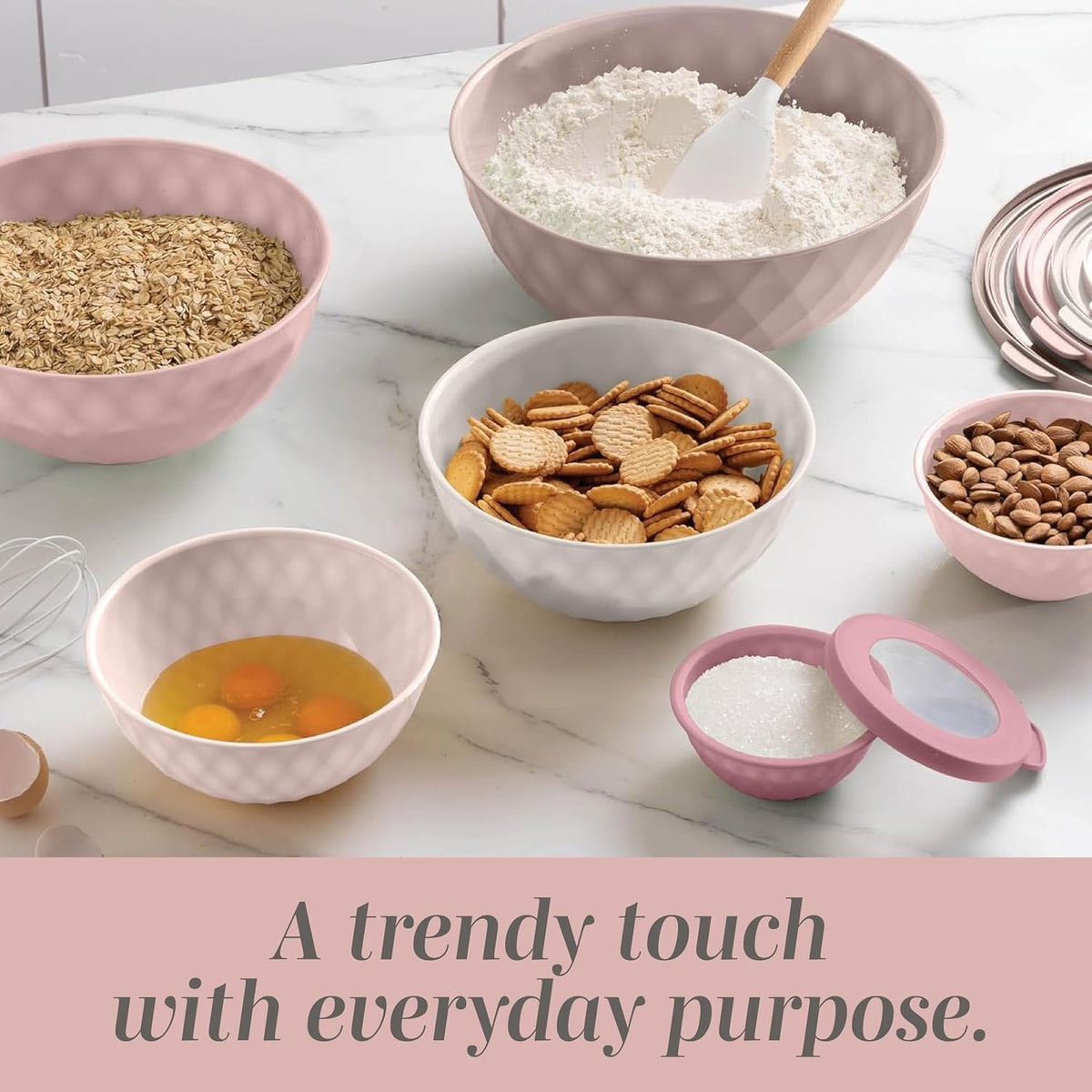 Mixing Bowls with Lids - 12 Piece Plastic Nesting Bowls Set includes 6 Prep Bowls and 6 Lids, Microwave Safe Mixing Bowl Set, Pink Diamond