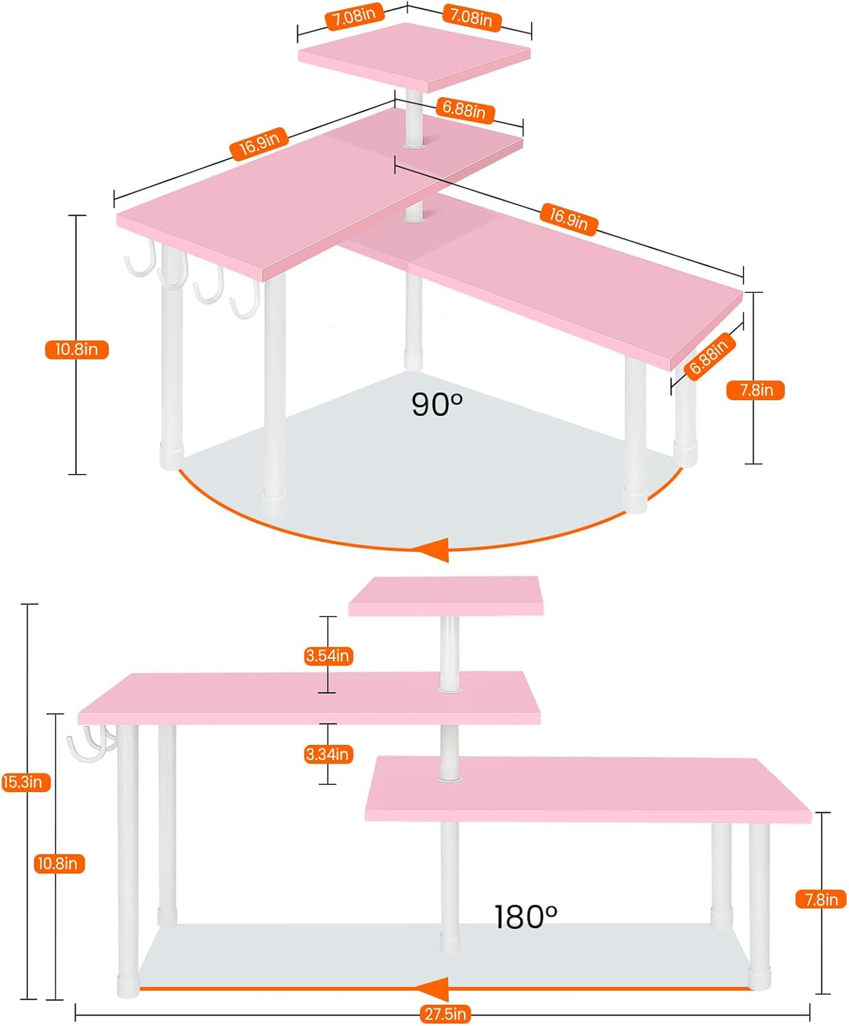 3-Tier Counter Organizer Shelf for Bathroom, Corner Shelf for Countertop, Over Sink, Make Up, Dresser Table, Desktop - Pink