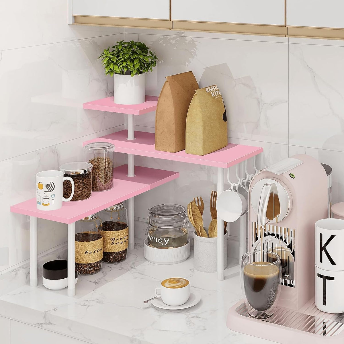 3-Tier Counter Organizer Shelf for Bathroom, Corner Shelf for Countertop, Over Sink, Make Up, Dresser Table, Desktop - Pink